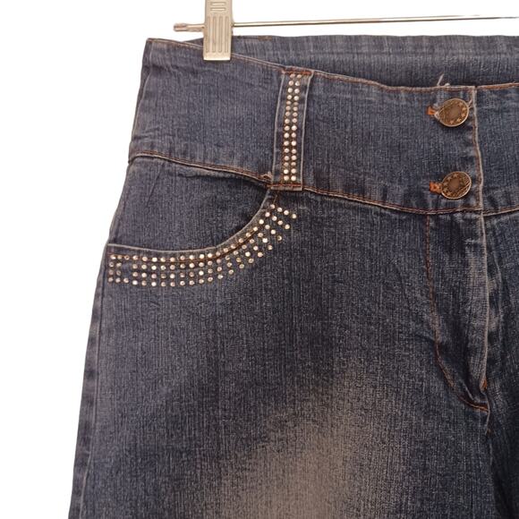 Y2K GAUCHOS Coullotes Jrs Sz XL Denim Stretch Spandex RHINESTONES Sun Fade - Picture 2 of 16